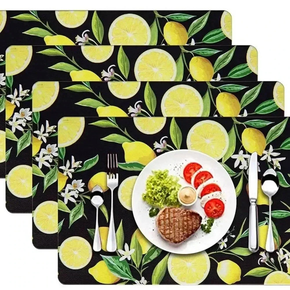 Lemon Placemats Set of 4 Farmhouse‎ Mats Faux Leather Wipeable Waterproof - Picture 1 of 3